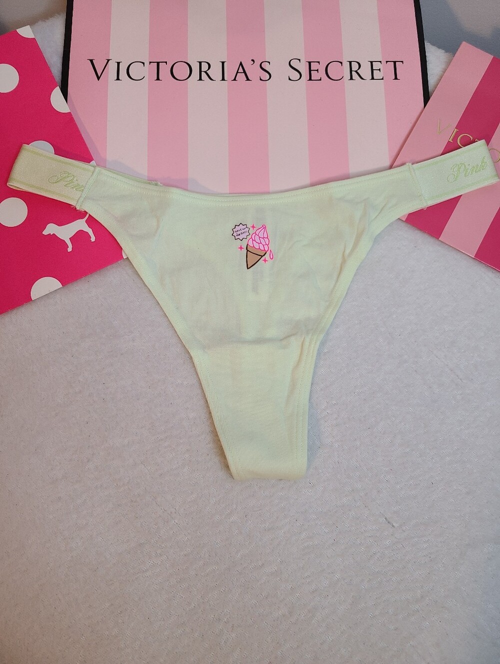 VS PINK Soft Cotton Logo Band High Leg Thong Panty Size M Ice Cream